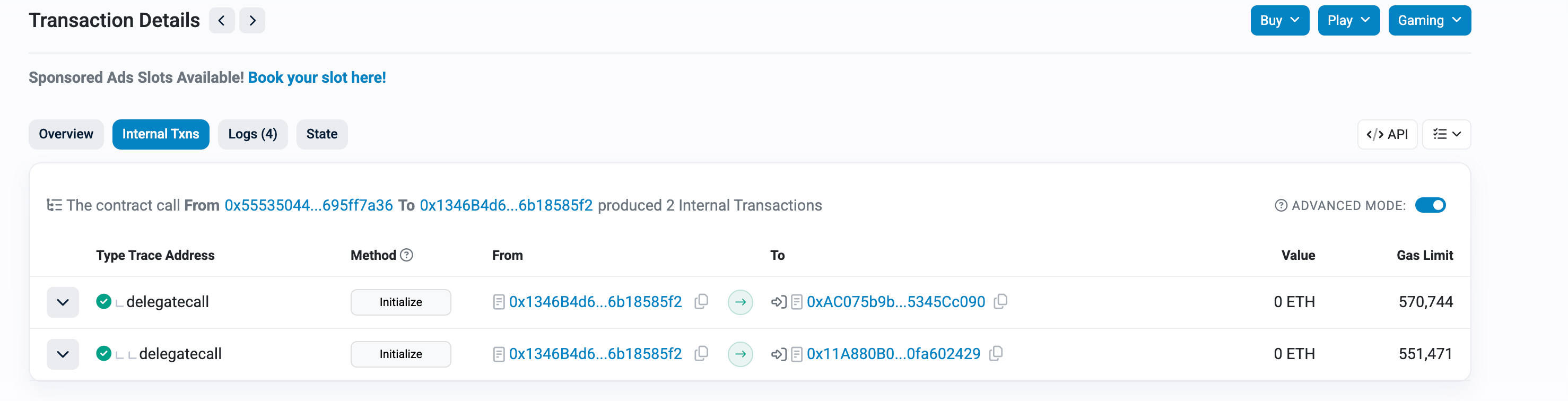 Showing the internal transaction flow from one proxy to another proxy