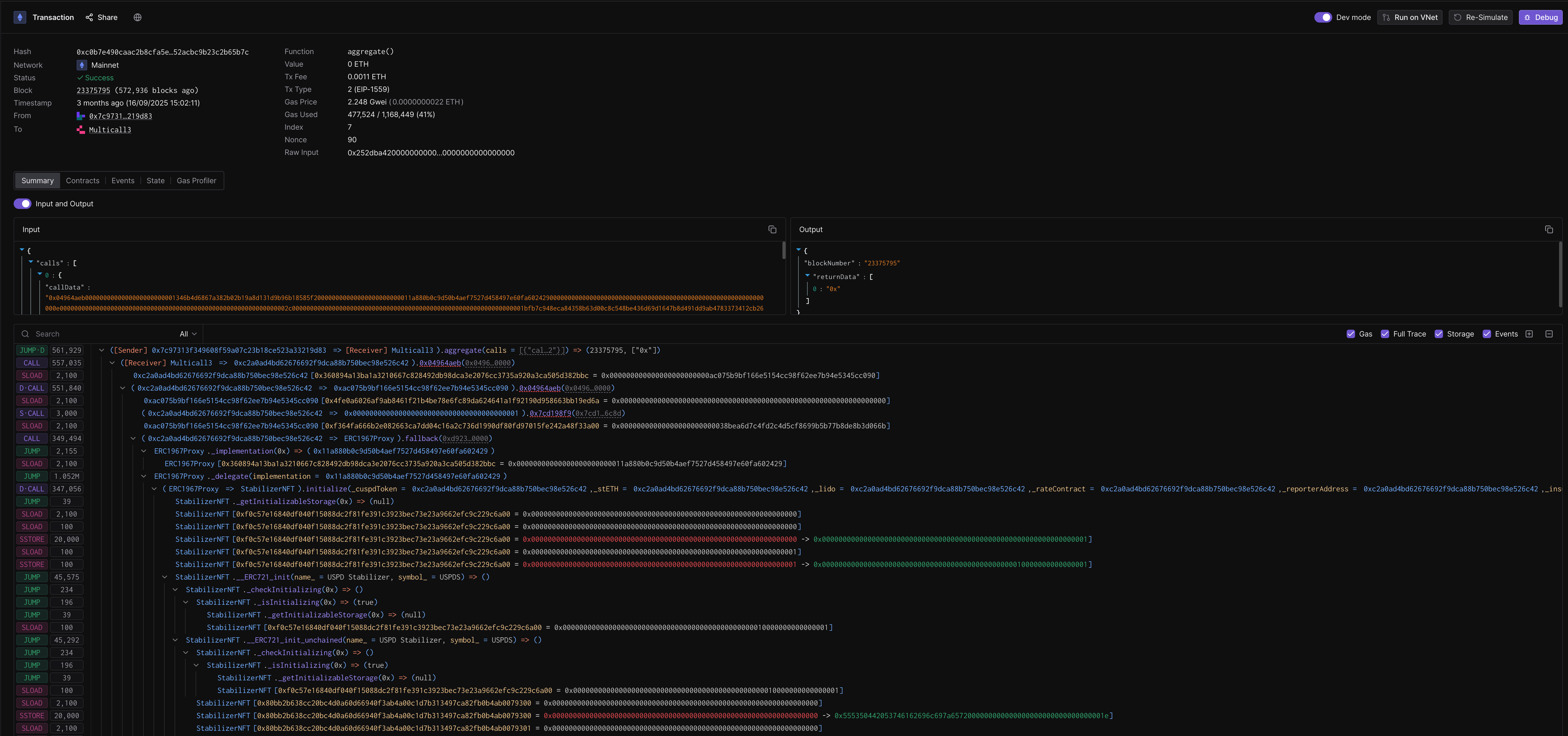 Tenderly Screenshot of the multicall transaction